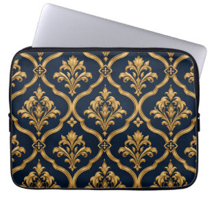 Elegant Gold and Navy Damask Vintage Motif Pattern Laptop Sleeve