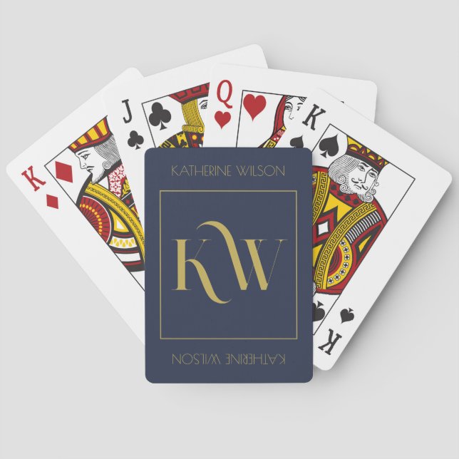 Elegant Gold and Navy Monogram and Name Playing Cards (Back)
