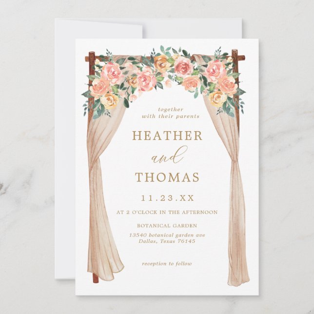 Elegant Gold and Peach Floral Arch Wedding Invitation (Front)