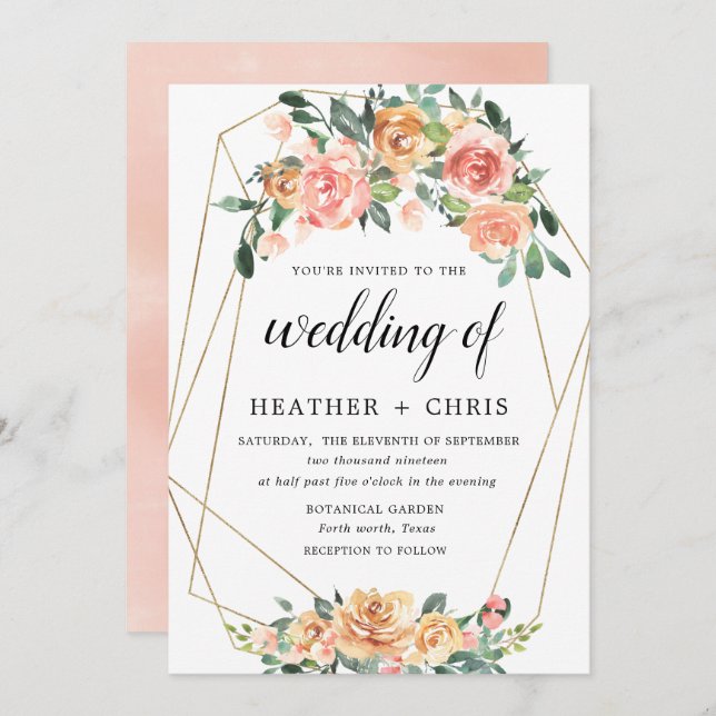 Elegant Gold and Peach Floral Wedding Invitation (Front/Back)