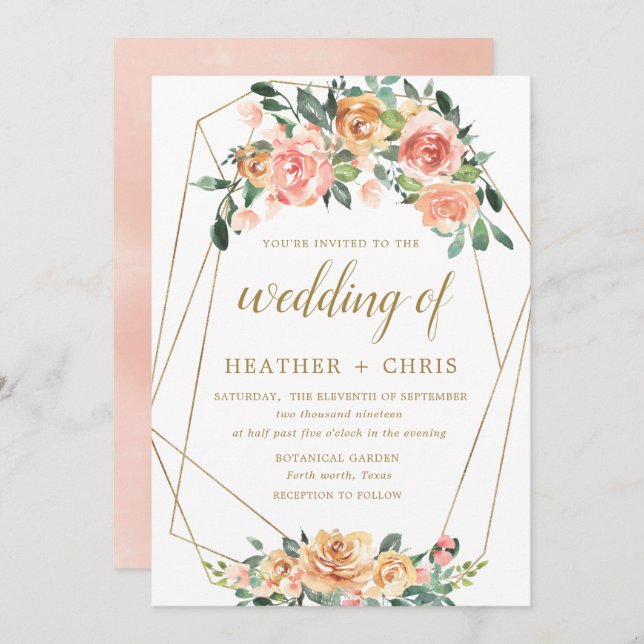 Elegant Gold and Peach Floral Wedding Invitation (Front/Back)