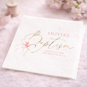 Elegant Gold and Pink Bow Girl Baptism Napkin