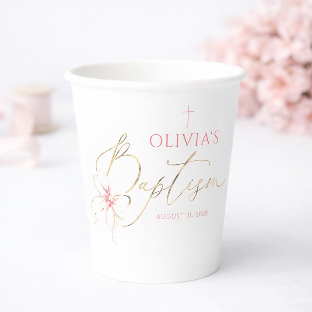 Elegant Gold and Pink Bow Girl Baptism Paper Cups (Baptism Celebration Pink Bow Cup)