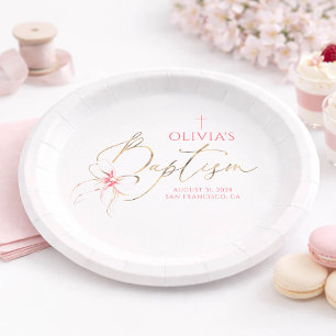 Elegant Gold and Pink Bow Girl Baptism Paper Plate