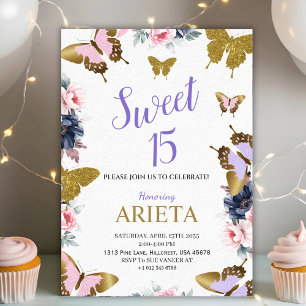 Elegant gold and pink butterfly birthday invitatio invitation