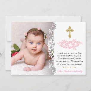 Elegant Gold And Pink Floral Baby Girl Baptism Thank You Card