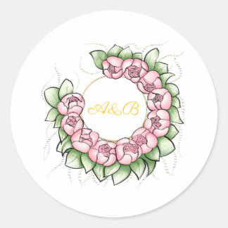 Elegant Gold and Pink Floral Wreath Favour Sticker