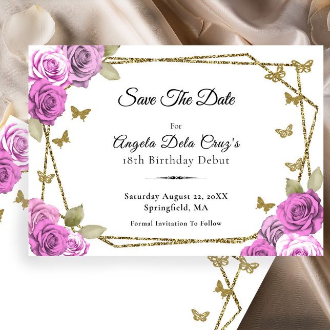 Elegant Gold and Pink Roses 18th Birthday Debut Save The Date (Creator Uploaded)