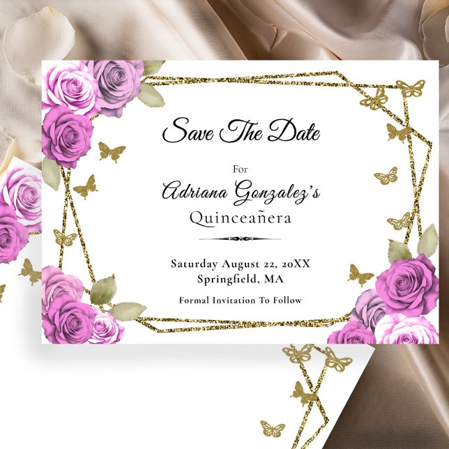 Elegant Gold and Pink Roses Quinceanera Save The Date (Creator Uploaded)