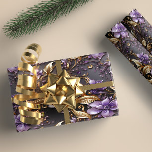 Elegant Gold and Purple Botanical floral Christmas Wrapping Paper