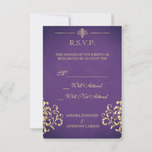Elegant Gold and Purple Damask Wedding R.S.V.P. RSVP Card