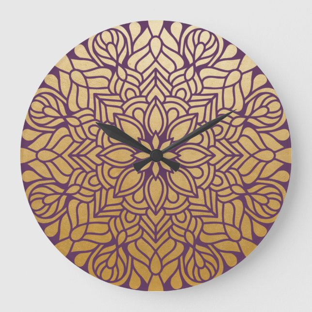 Elegant Gold and Purple Floral Mandala Large Clock (Front)