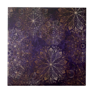 Elegant Gold and Purple Floral Mandala Pattern Ceramic Tile