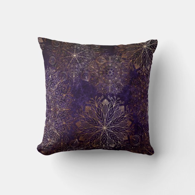 Elegant Gold and Purple Floral Mandala Pattern Cushion (Front)