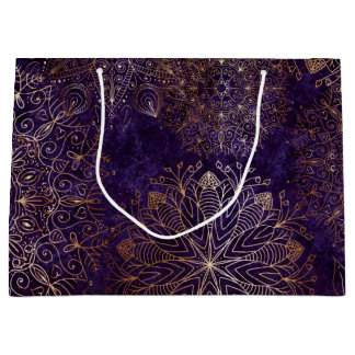 Elegant Gold and Purple Floral Mandala Pattern Large Gift Bag