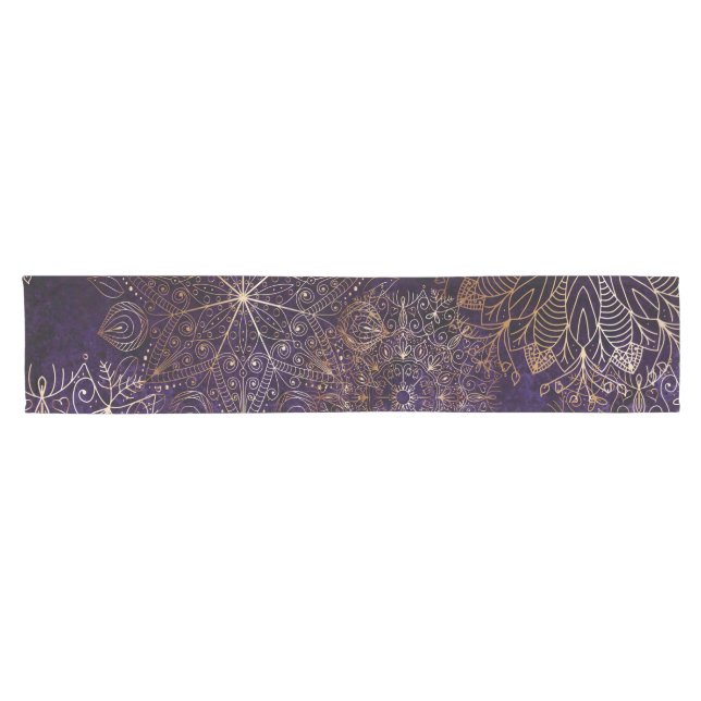 Elegant Gold and Purple Floral Mandala Pattern Short Table Runner (Horizontal)