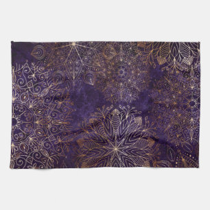 Elegant Gold and Purple Floral Mandala Pattern Tea Towel