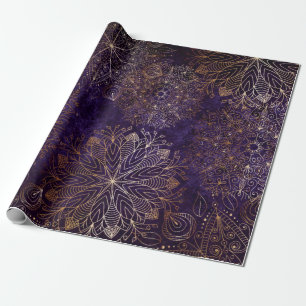 Elegant Gold and Purple Floral Mandala Pattern Wrapping Paper