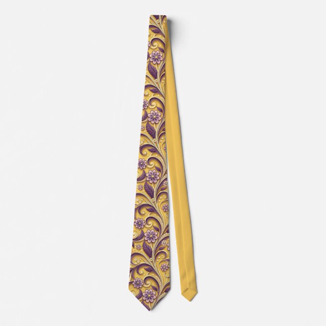 Elegant Gold and Purple Floral Scroll Pattern Chic Tie (Front)