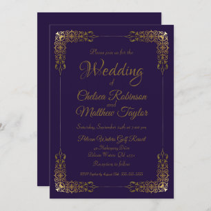 Elegant Gold and Purple Lace Wedding Invitation