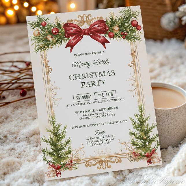 Elegant Gold and Red Bow Christmas Party  Invitation (Creator Uploaded)