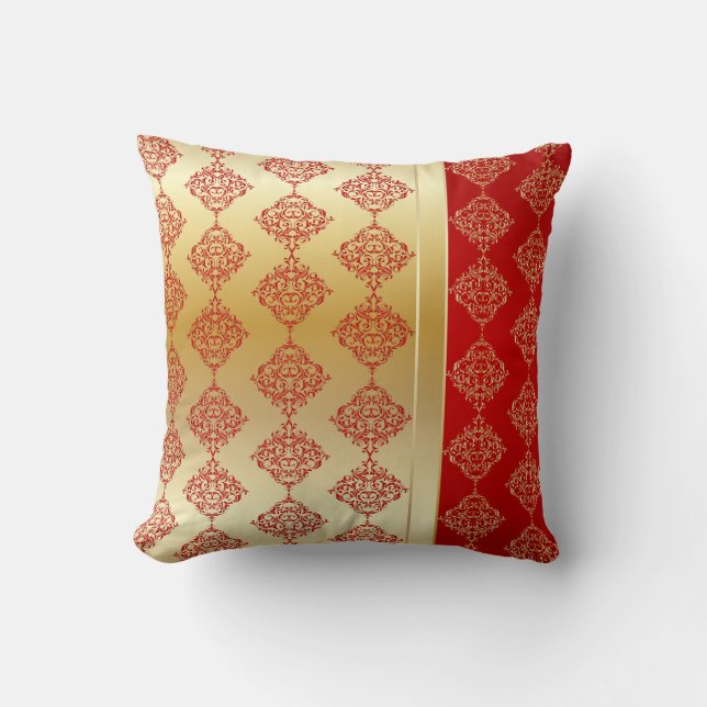 Elegant Gold and Red Damask Design Cushion (Front)