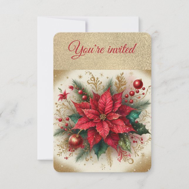 Elegant Gold and Red  Poinsettia Christmas Party Invitation (Front)
