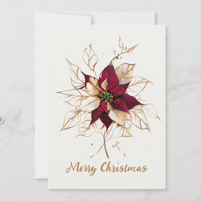 Elegant Gold and Red Poinsettia Merry Christmas Holiday Card (Front)