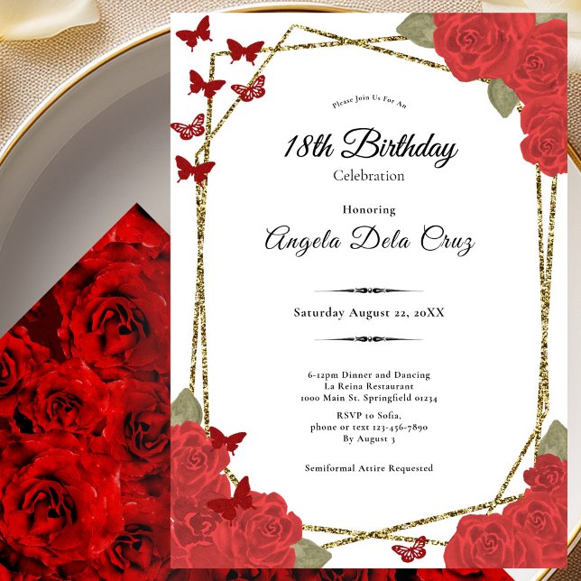Elegant Gold and Red Roses 18th Birthday Debut Invitation (Creator Uploaded)