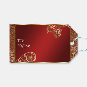 Elegant Gold and Red Snowflake Scrolls Gift Tags