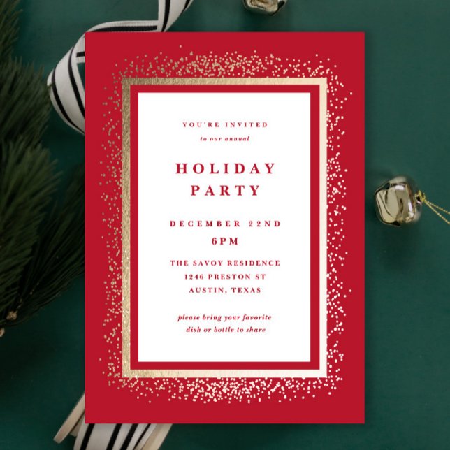 Elegant Gold and Red Sparkle Holiday Party Invitation (Elegant red and gold sparkle traditional holiday party invitations.)