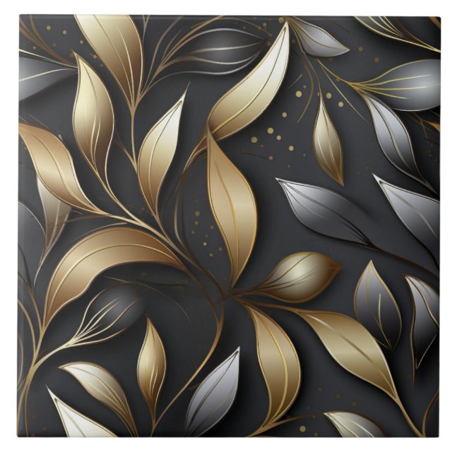 Elegant Gold and Silver Foil Leaves Ceramic Tile (Front)