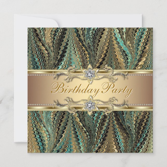 Elegant Gold and Teal Blue Birthday Party Invitation (Front)