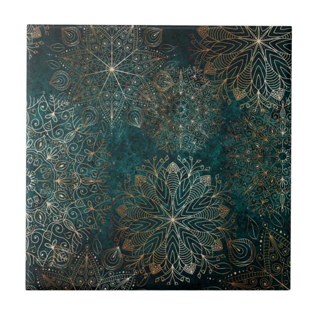 Elegant Gold and Teal Green Floral Mandala Pattern Ceramic Tile (Front)