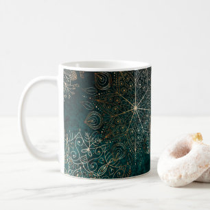Elegant Gold and Teal Green Floral Mandala Pattern Coffee Mug