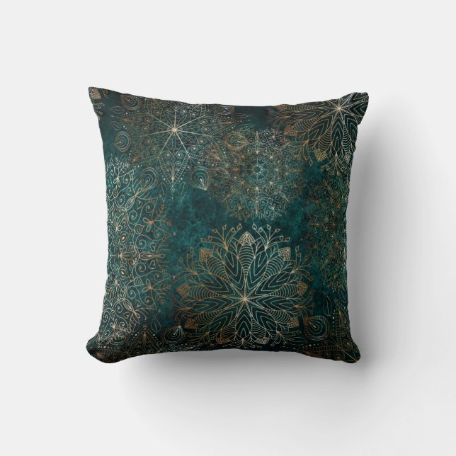 Elegant Gold and Teal Green Floral Mandala Pattern Cushion (Front)