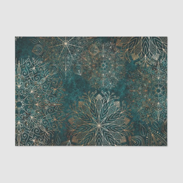 Elegant Gold and Teal Green Floral Mandala Pattern Tissue Paper (Front)