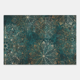 Elegant Gold and Teal Green Floral Mandala Pattern Wrapping Paper Sheet