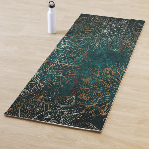 Elegant Gold and Teal Green Floral Mandala Pattern Yoga Mat