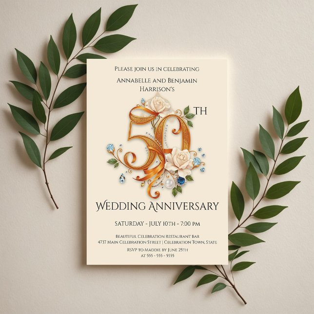Elegant Gold and White 50th Wedding Anniversary Invitation (Creator Uploaded)