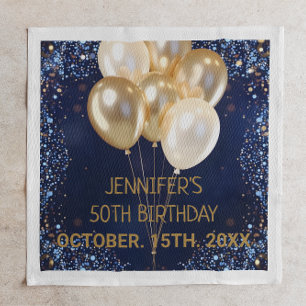 Elegant Gold and White Balloons on Sparkling Blue Napkin