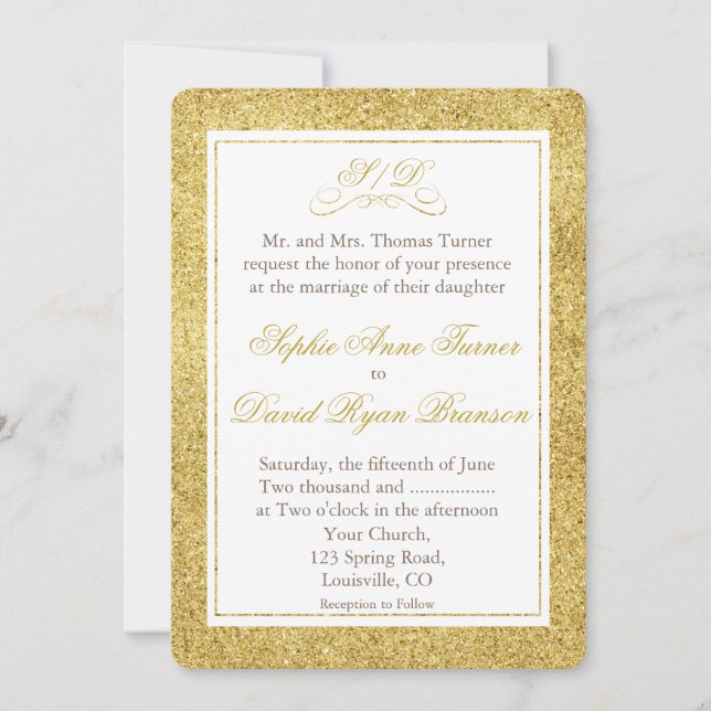Elegant Gold and White Border Wedding Invite (Front)