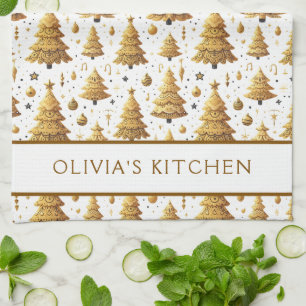 Elegant Gold And White Christmas Trees Custom Tea Towel