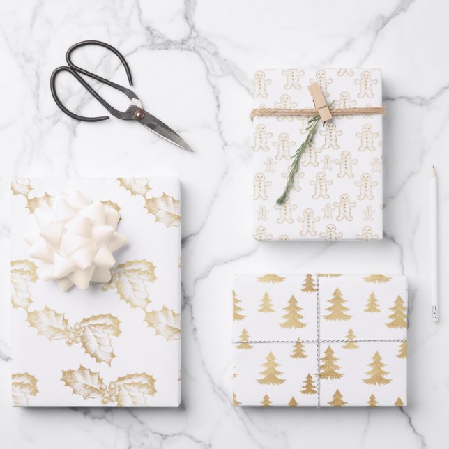 Elegant Gold and White Christmas Wrapping Paper Sheet (Front)