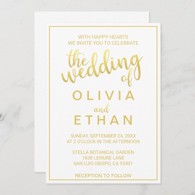 Elegant gold and white classy Wedding Invitation (Front/Back)