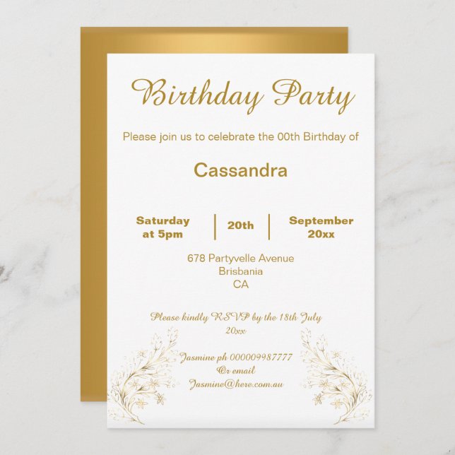 ELEGANT GOLD AND WHITE CUSTOM BIRTHDAY INVITATION (Front/Back)
