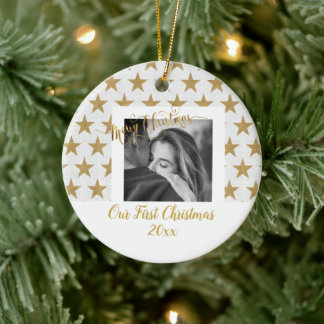 Elegant Gold and White Custom Your Photo & Text Ceramic Ornament