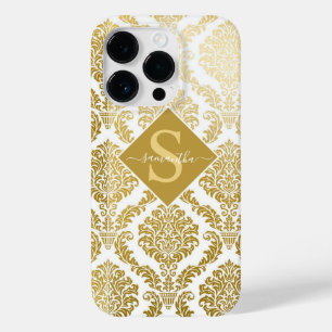 Elegant Gold and White Damask Print Personalised Case-Mate iPhone 14 Pro Case