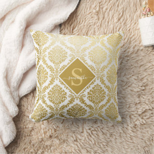 Elegant Gold and White Damask Print Personalised  Cushion