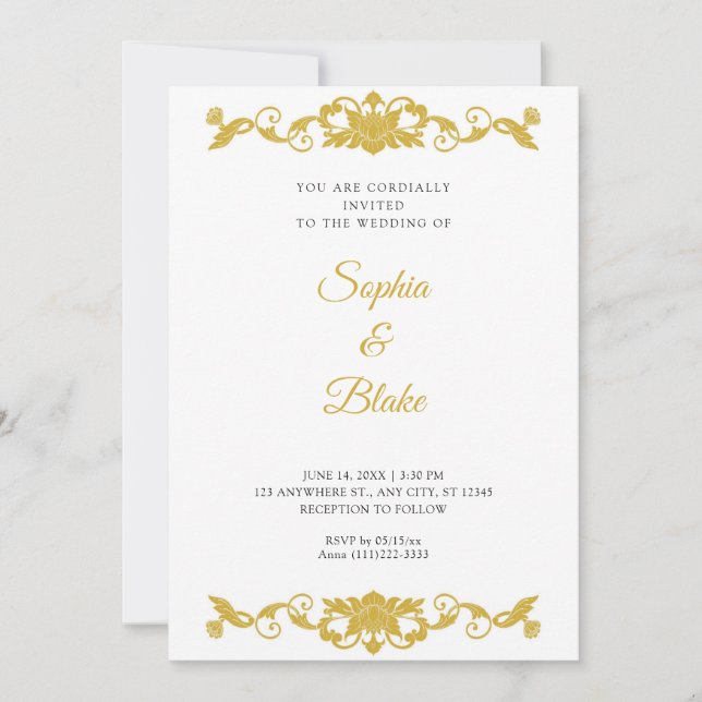 Elegant Gold and White Floral Art Deco Wedding Invitation (Front)